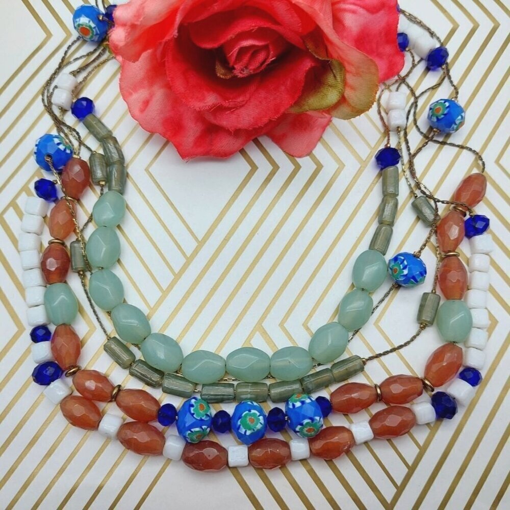 Long Multi Strand Glass Mixed Bead Necklace Dark Gold Tone Chains Colorful 28"